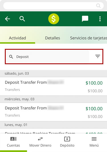 Como buscar todas las transacciones usando un dispositivo móvil, paso 2