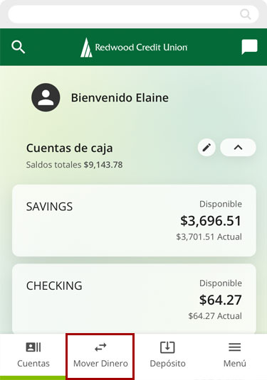 Transferir fondos entre mis cuentas de RCU usando un dispositivo móvil, paso 1