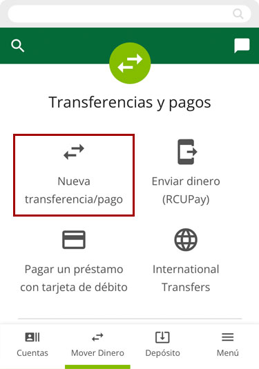Transferir fondos entre mis cuentas de RCU usando un dispositivo móvil, paso 2