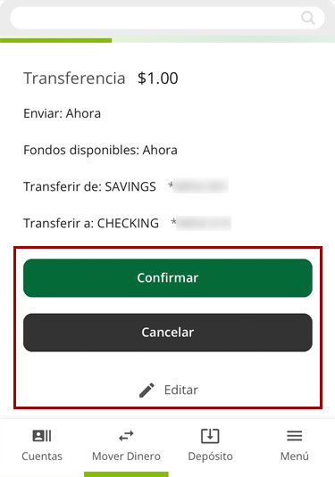 Transferir fondos entre mis cuentas de RCU usando un dispositivo móvil, paso 5