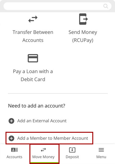 Screenshot of RCU's digital banking app clicking on Move Money