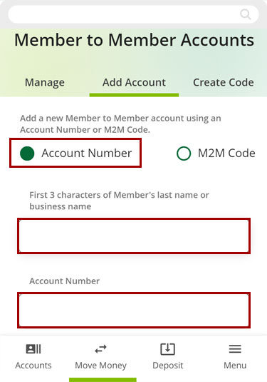 Screenshot of RCU's digital banking app clicking on Account Number