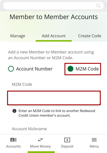 Screenshot of RCU's digital banking app clicking on M2M Code