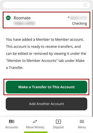 Screenshot of RCU's digital banking app showing the confirmation
