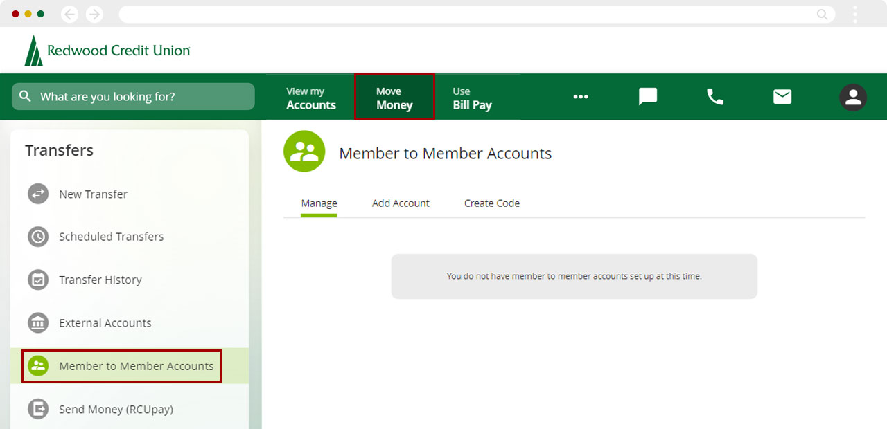 Screenshot of RCU's digital banking dashboard clicking on Move Money