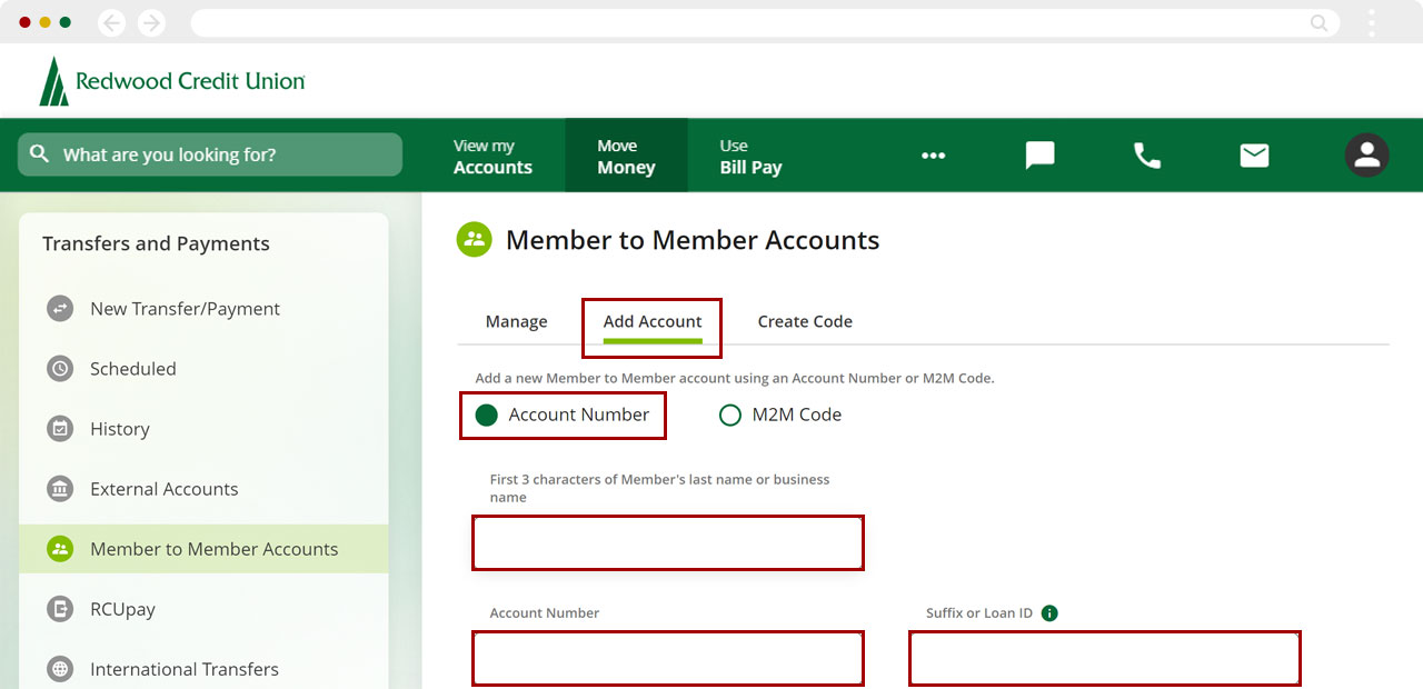 Screenshot of RCU's digital banking dashboard clicking on Account Number