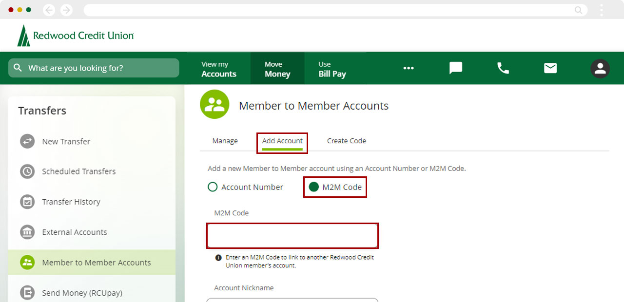 Screenshot of RCU's digital banking dashboard clicking on M2M Code