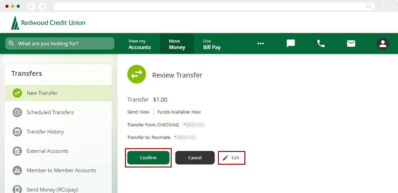 Make a transfer to another RCU account on a computer, step 7