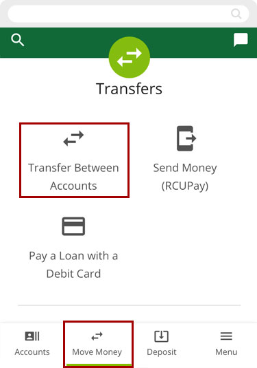 Make a transfer to another RCU account in the mobile app, step 1