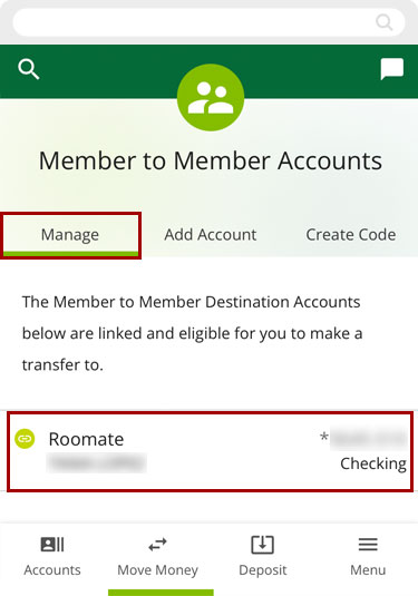 Make a transfer to another RCU account in the mobile app, step 2