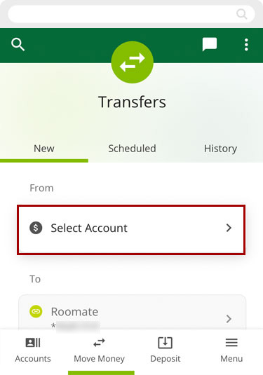 Make a transfer to another RCU account in the mobile app, step 4