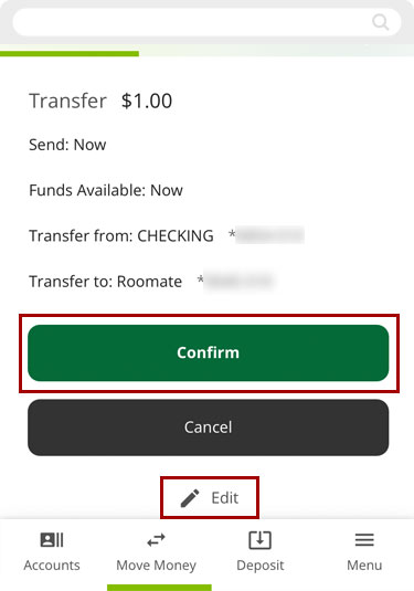 Make a transfer to another RCU account in the mobile app, step 7