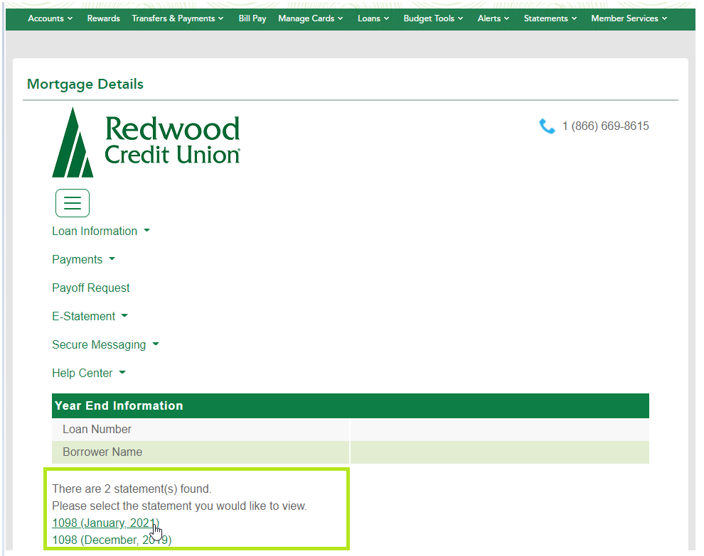 Screenshot of mortgage statements location in online banking