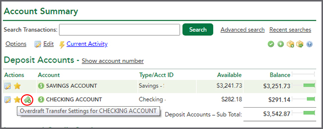Account Summary page which display Overdraft Transfer Settings icon
