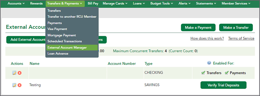 Image of External Account Manager section within Online Banking