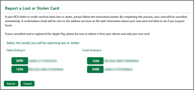 Report a Lost or Stolen Card page