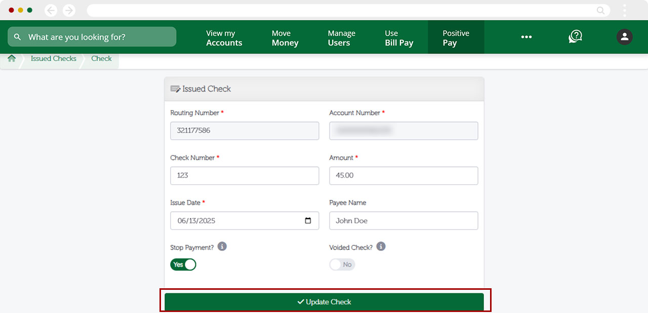 How to stop payment of an issued check in desktop, step 5