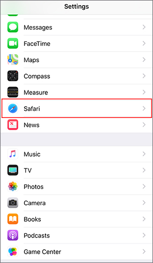 Settings Select Safari