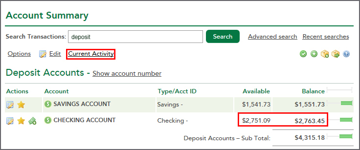 Account Summary Current Activity Holds