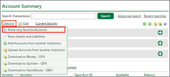 Account Options Show only favorite Accounts