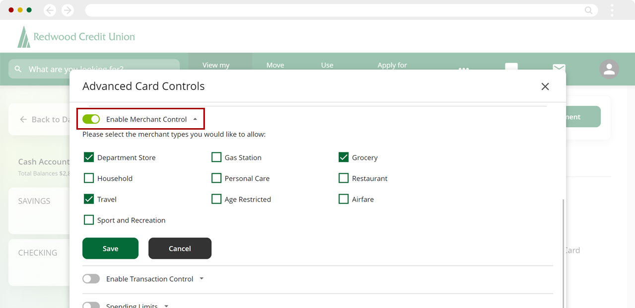 Screenshot of enabling Merchant Controls