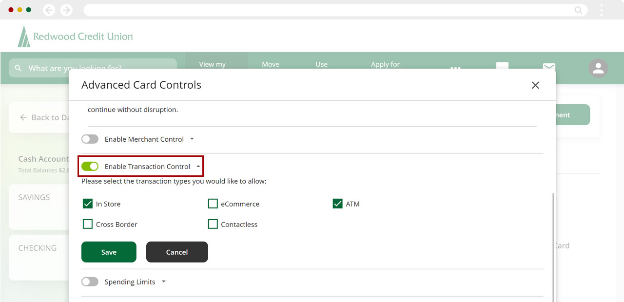 Screenshot of enabling Transactions controls