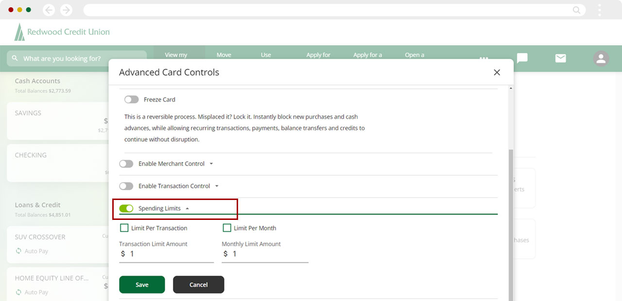 Screenshot of advanced card control spending limits