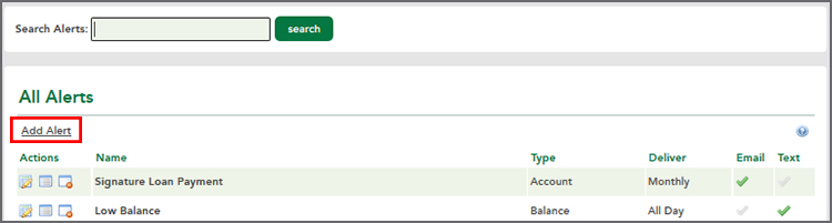Select "Add Alerts" on the alerts page. 
