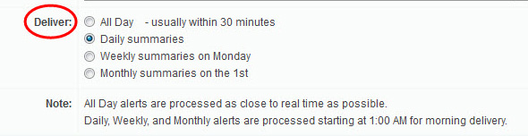 Alert Deliver Options: All Day, Daily Summaries, Weekly summaries on Monday, Monthly summaries on the 1st 