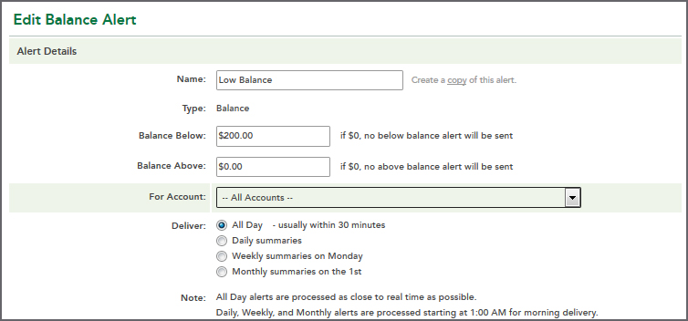 Edit Balance Alert - Alert Details