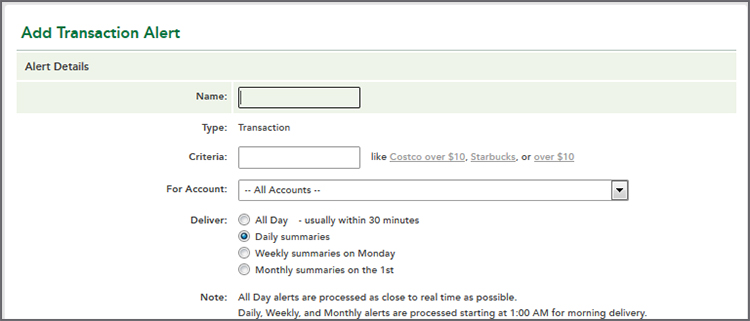 Alert Details - Add Transaction Alert
