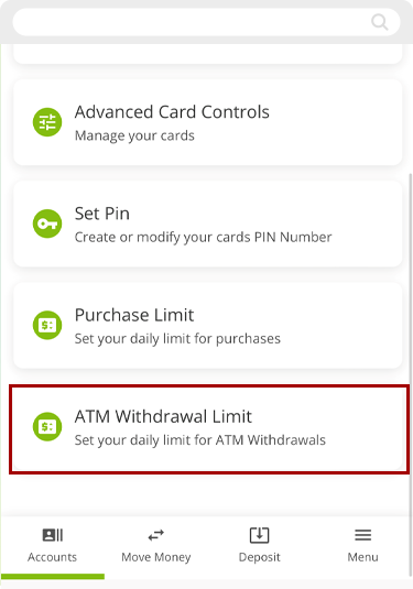 Increasing ATM withdrawal limits in mobile, step 3