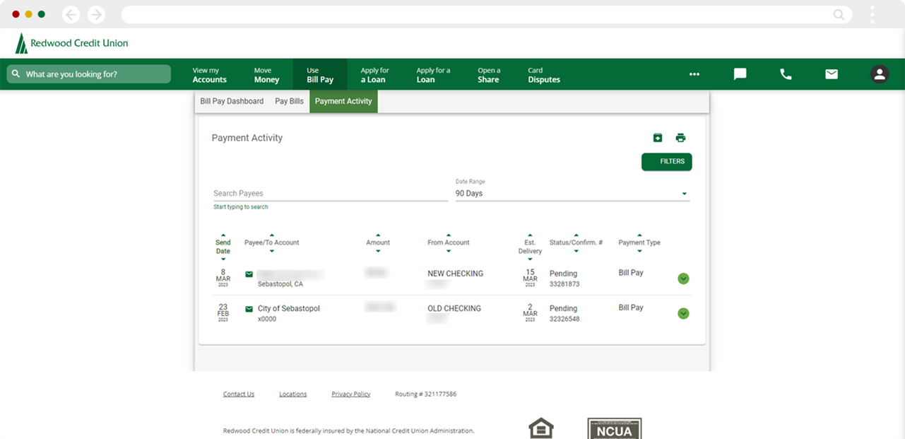 Finding the last payment made to a payee in Bill Pay on desktop, step 1