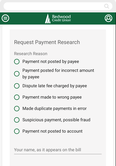 Submitting a bill pay research request in mobile, step 3
