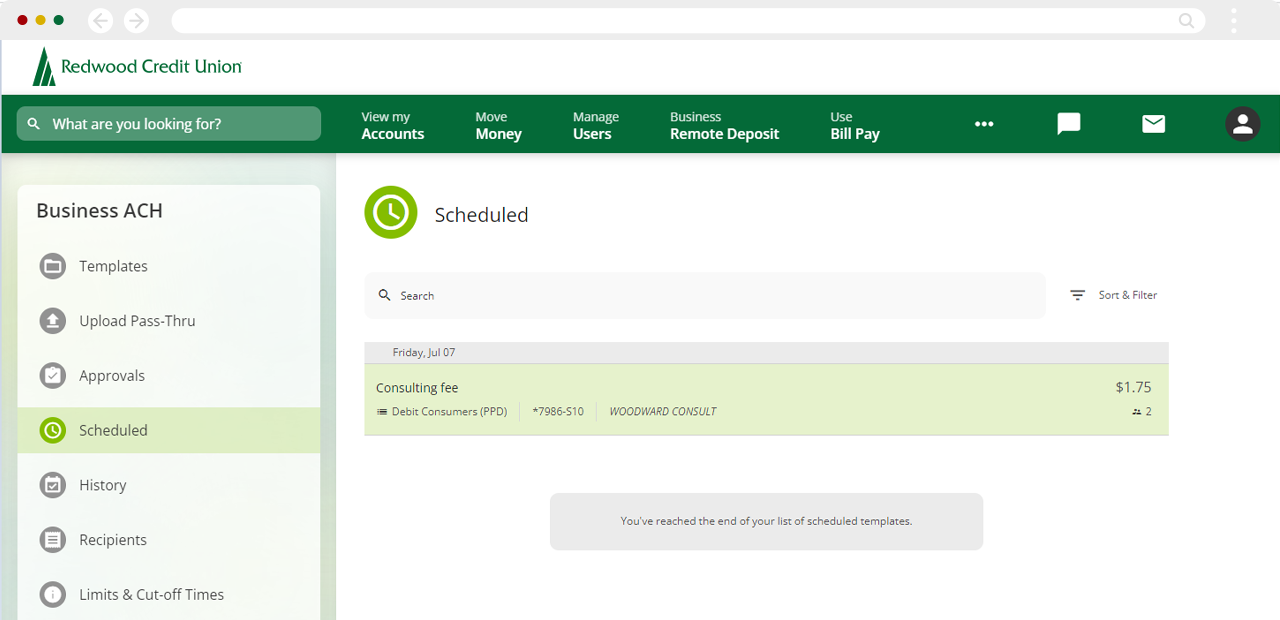 Business ACH scheduled templates on desktop