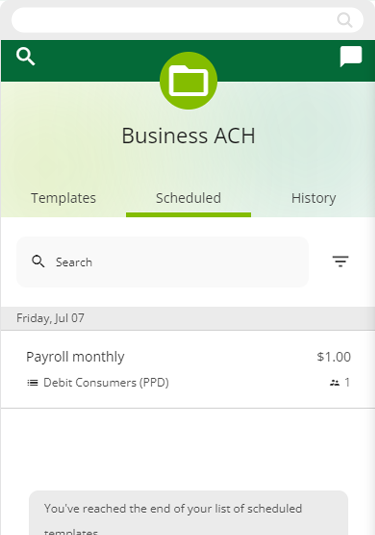 Business ACH scheduled templates in mobile