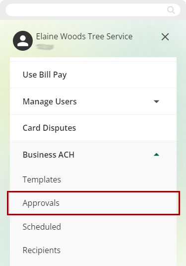 Screenshot of navigating to Approvals under Business ACH