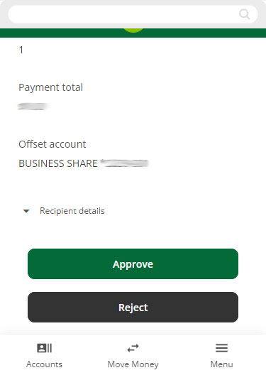 Screenshot of confirming template for approval in business ach