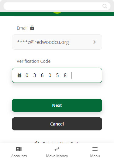 Screenshot of entering verification code