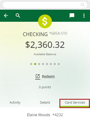 Screenshot of Card Services link