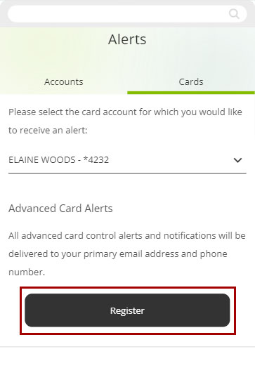 Screenshot of  Register button in card services