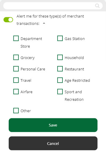 Screenshot of card alert options