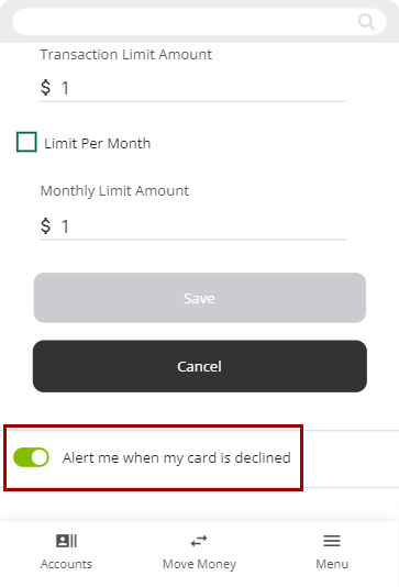 Screenshot of card declined alert