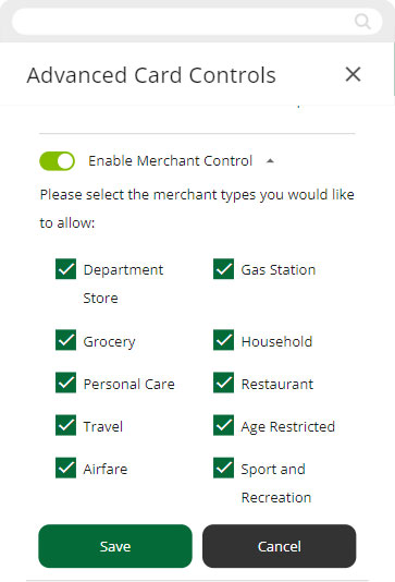 Screenshot of advanced card controls options