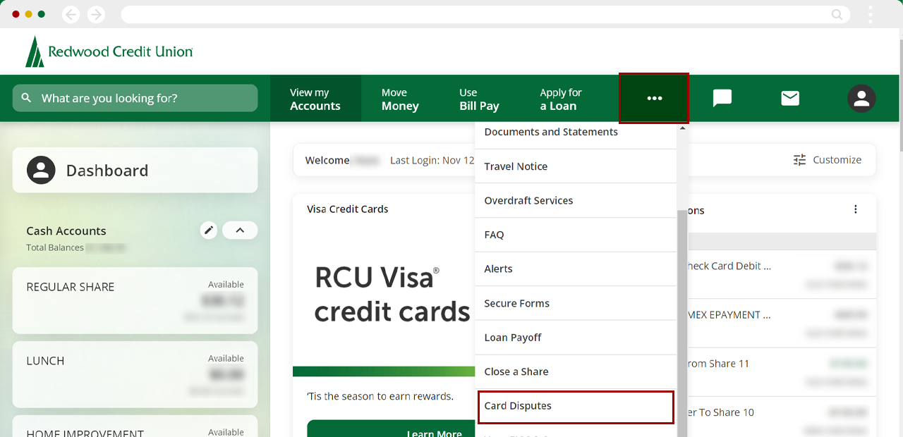 Disputing a card transaction on desktop, step 1