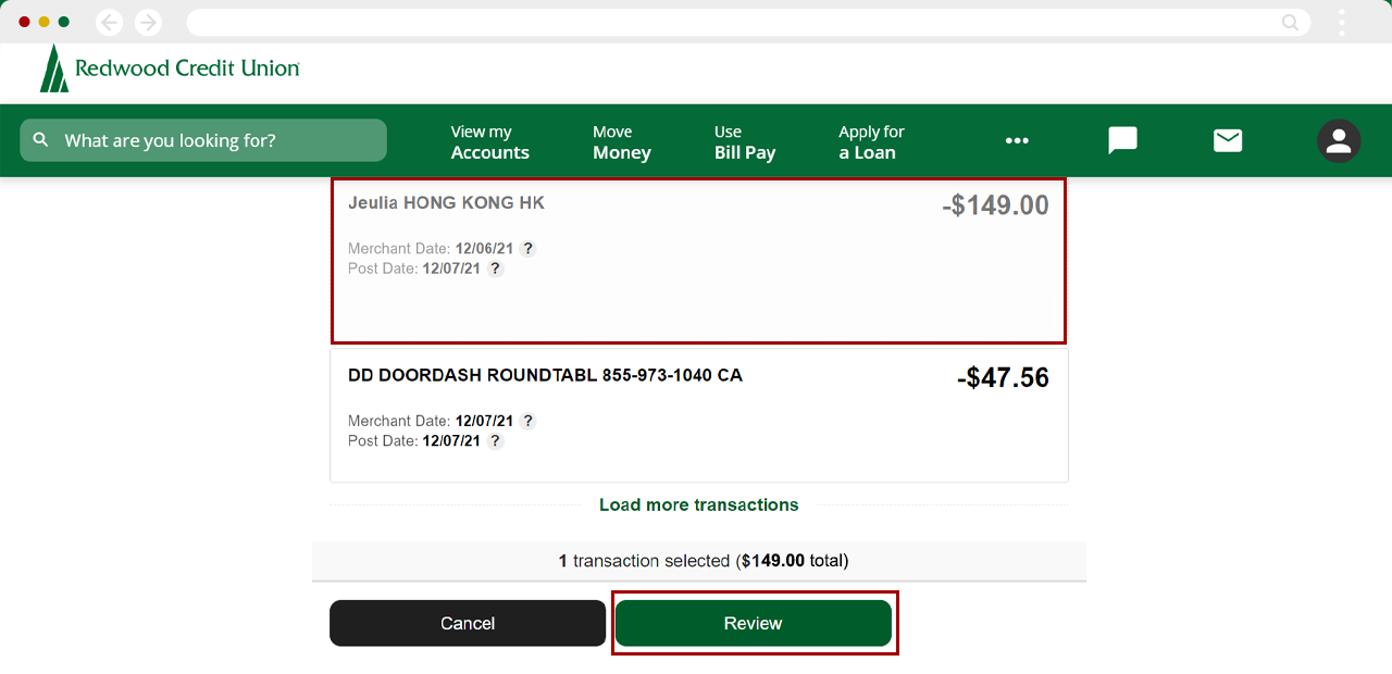 Disputing a card transaction on desktop, step 4