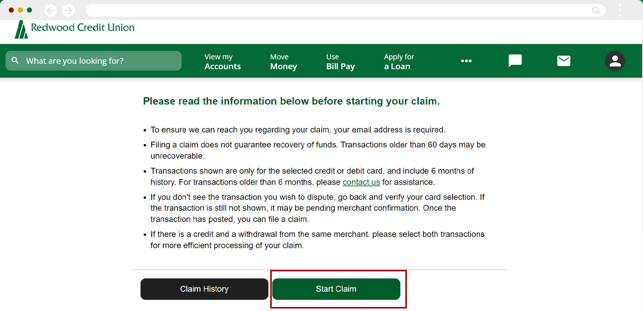 Disputing a card transaction on desktop, step 2