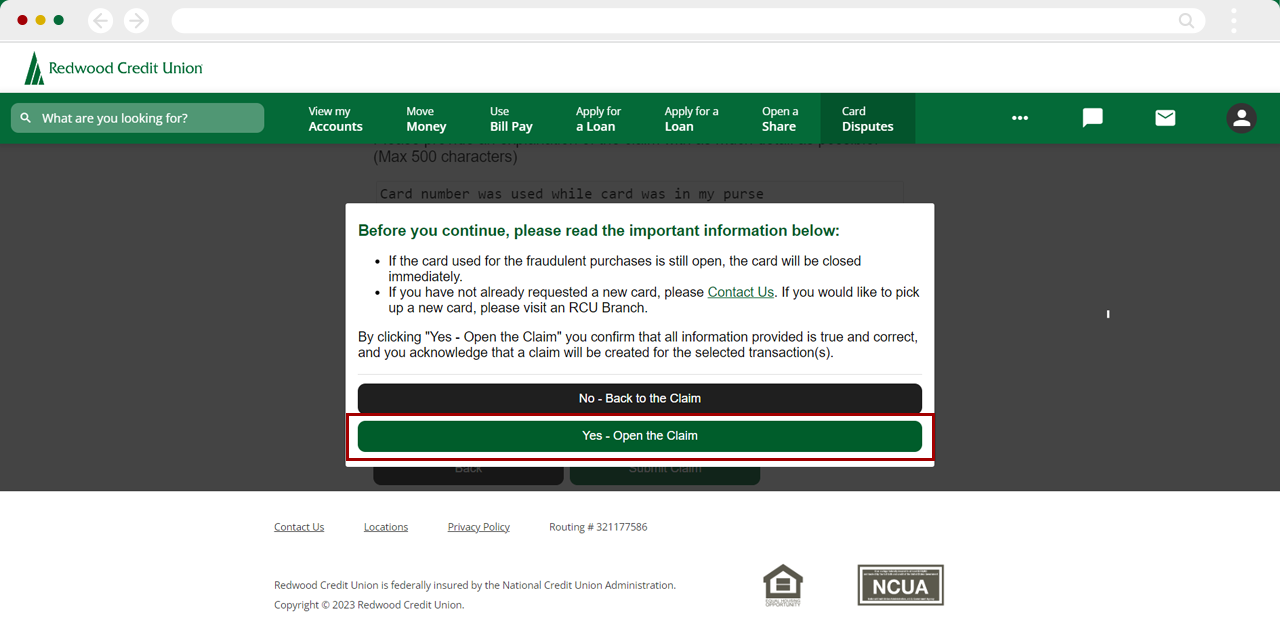 Disputing a card transaction on desktop, step 6