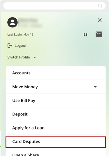 Disputing a card transaction in mobile, step 2