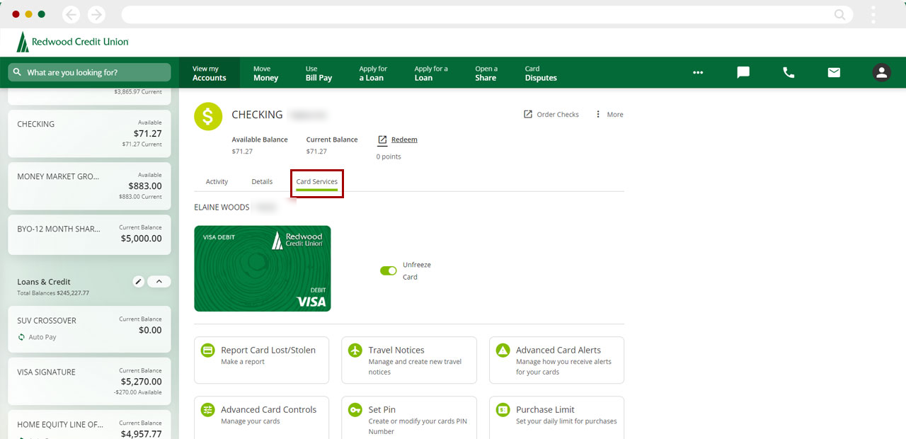 Screenshot of card services link for desktop